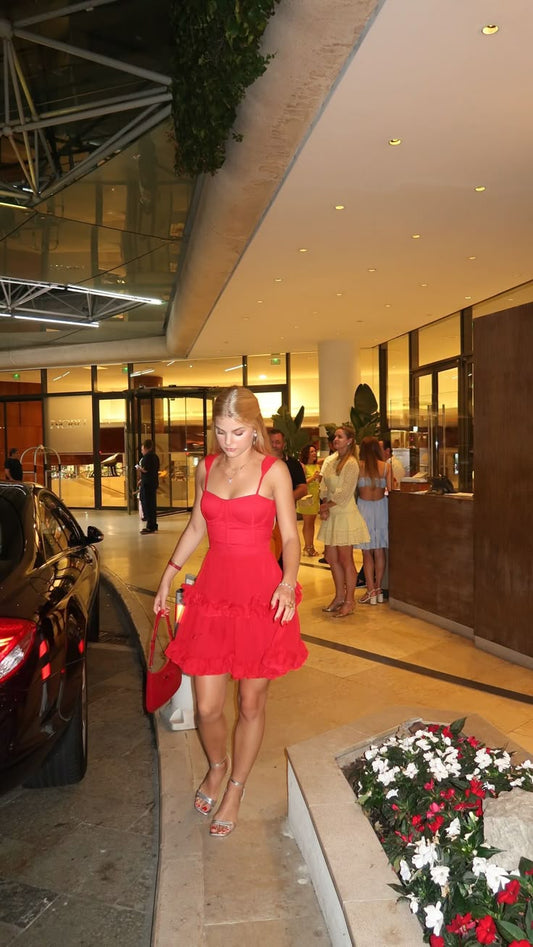 Simple A Line Spaghetti Straps Red Satin Short Homecoming Dress 20th Birthday Outfits C5801