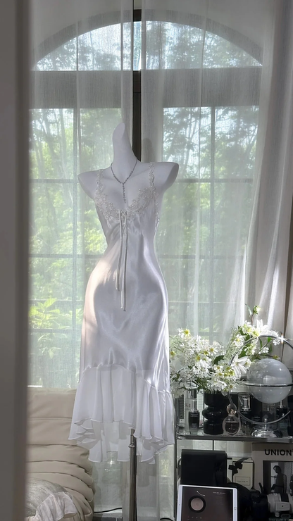 Charming Mermaid White Spaghetti Straps Satin Beads Tea Length Homecoming Dress 21th Birthday Outfits C5804
