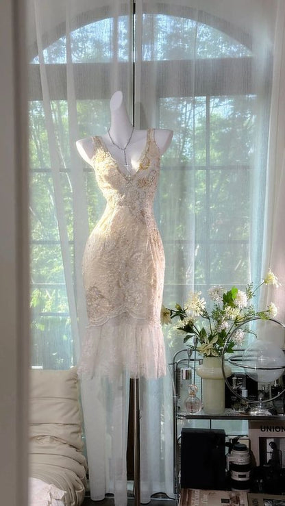 Gorgeous Mermaid V Neck Tulle Lace Short Homecoming Dress 21th Birthday Outfits C5805