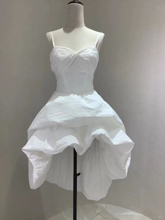 White Cute Ball Gown Spaghetti Straps Satin Short Homecoming Dress 18th Birthday Outfits C5806