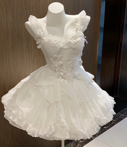 Princess Ball Gown White Spaghetti Straps Ruffles Chiffon Lace Short Homecoming Dress 16th Birthday Outfits C5808