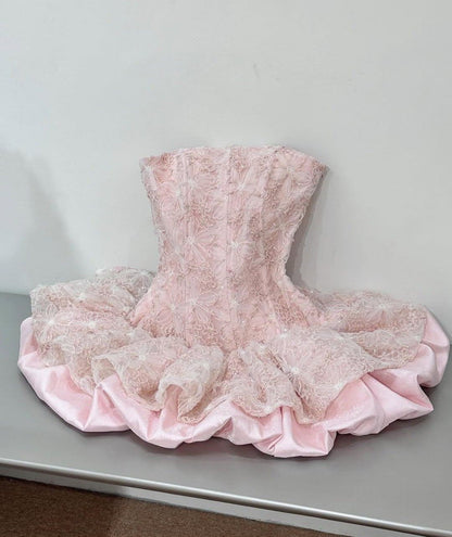 Pink Ball Gown Strapless Satin Lace Short Homecoming Dress 17th Birthday Outfits C5809