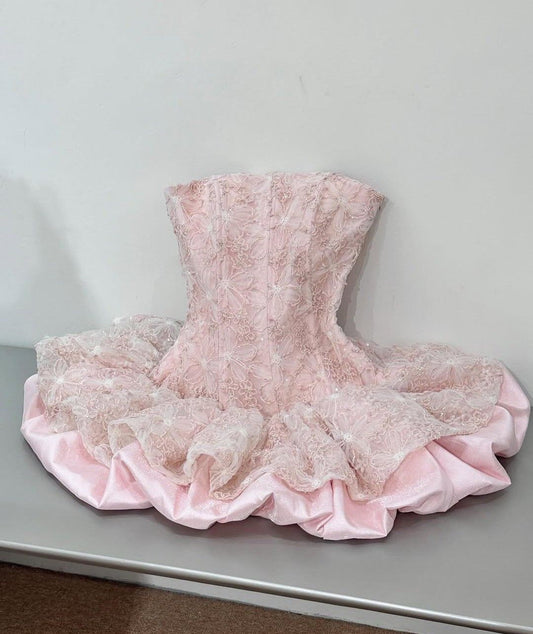 Pink Ball Gown Strapless Satin Lace Short Homecoming Dress 17th Birthday Outfits C5809