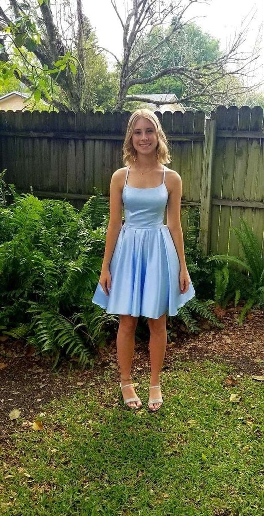 Cute A Line Spaghetti Straps Pale Blue Satin Short Homecoming Dress 17th Birthday Outfits C5826