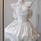 Pretty Ball Gown Off The Shoulder Satin Beads Short Homecoming Dress 18th Birthday Outfits C5834