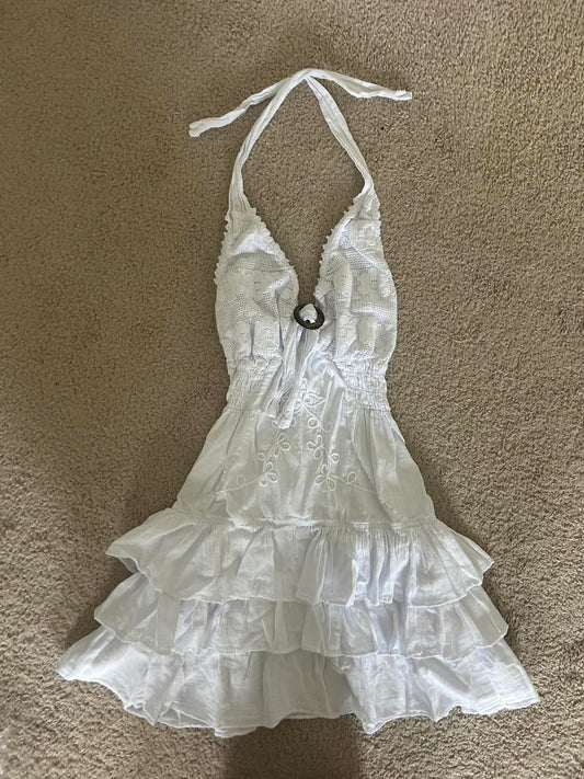 Retro A Line Halter Satin Layer Short Homecoming Dress 19th Birthday Outfits C5835
