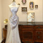Aesthetic Mermaid Strapless Satin Tulle Applique Long Prom Dresses Formal Dress C5840