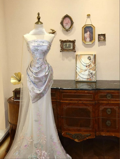 Aesthetic Mermaid Strapless Satin Tulle Applique Long Prom Dresses Formal Dress C5840