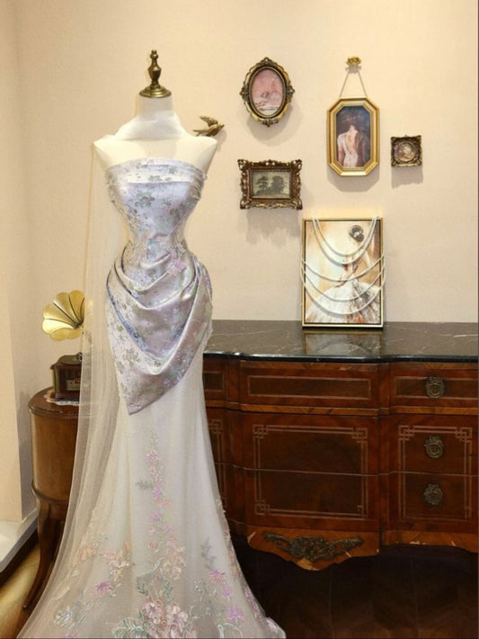 Aesthetic Mermaid Strapless Satin Tulle Applique Long Prom Dresses Formal Dress C5840