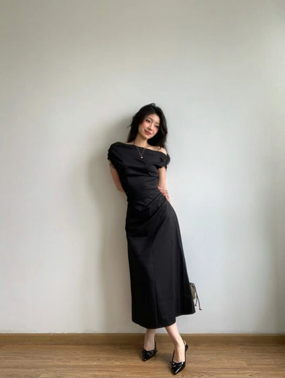 Black Simple Mermaid Off The Shoulder Satin Long Prom Dress,Formal Dress C5842