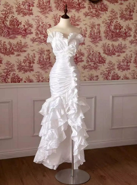Vintage White Mermaid Sweetheart Satin Pleated Long Prom Dress,Wedding Dress,Formal Dress C5843