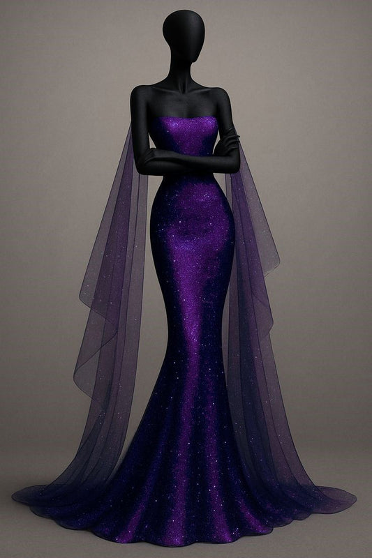 Grape Shiny Mermaid Strapless Satin Sequin Long Prom Dress,Formal Dress C5845