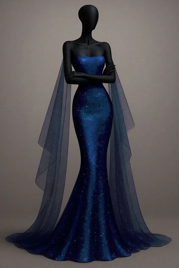Glitter Mermaid Strapless Satin Sequin Long Prom Dress,Formal Dress C5846