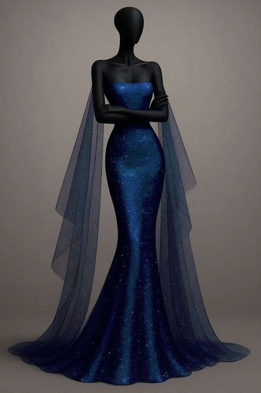Glitter Mermaid Strapless Satin Sequin Long Prom Dress,Formal Dress C5846