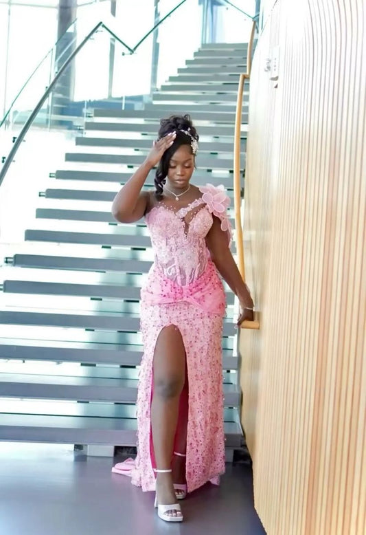 Gorgeous Mermaid One Shoulder Pink Satin Sequin Beads Slit Long Prom Dress,Formal Dress C5847