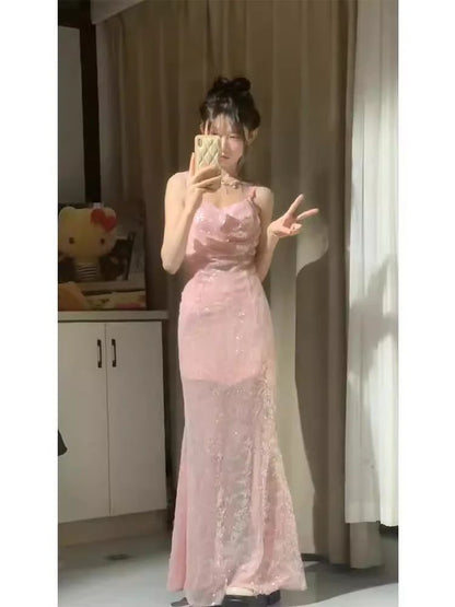 Classy Mermaid Spaghetti Straps Pink Satin Sequin Long Prom Dress,Formal Dress C5848