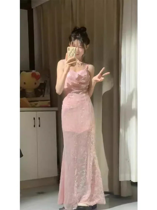 Classy Mermaid Spaghetti Straps Pink Satin Sequin Long Prom Dress,Formal Dress C5848