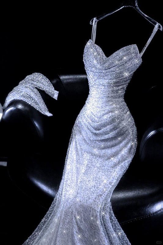 Sparkly Mermaid Spaghetti Straps Tulle Pleated Sequin Long Prom Dress,Formal Dress C5849