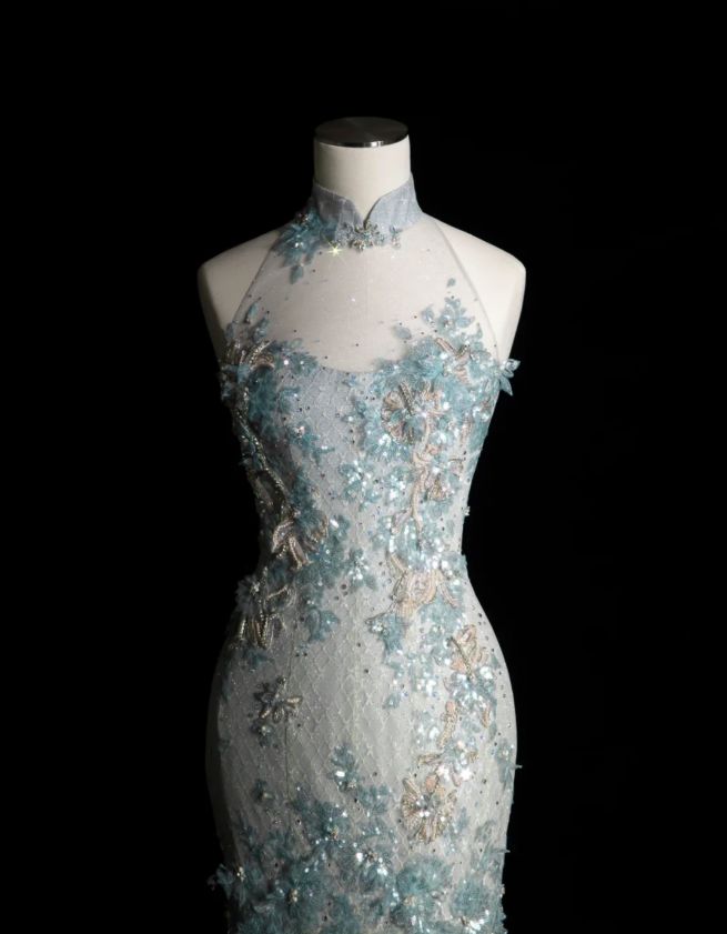 Style Classy Chinese Neck Mermaid Tulle Sequin Applique Long Prom Dress,Formal Dress C5850