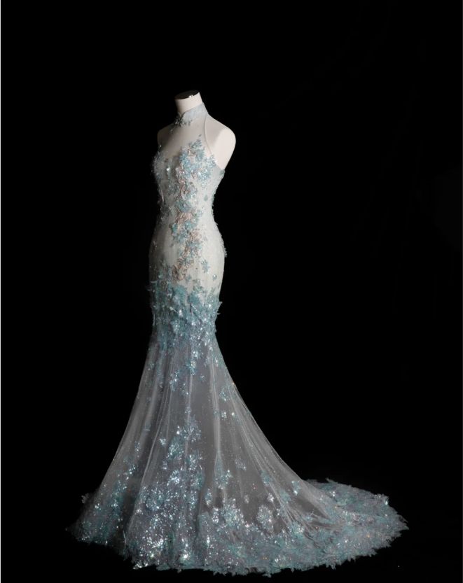 Style Classy Chinese Neck Mermaid Tulle Sequin Applique Long Prom Dress,Formal Dress C5850