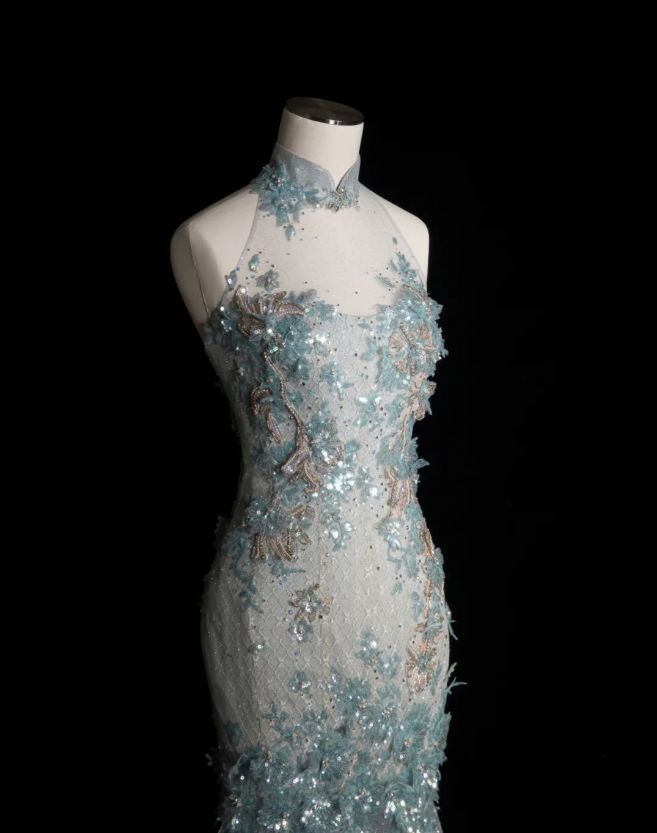 Style Classy Chinese Neck Mermaid Tulle Sequin Applique Long Prom Dress,Formal Dress C5850