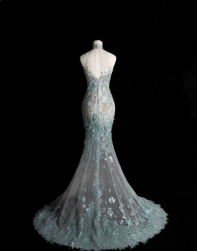 Style Classy Chinese Neck Mermaid Tulle Sequin Applique Long Prom Dress,Formal Dress C5850