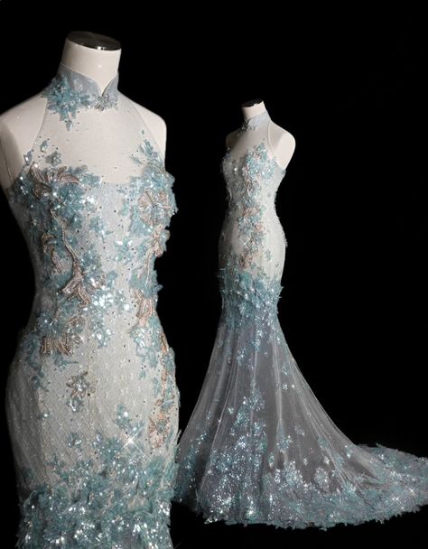 Style Classy Chinese Neck Mermaid Tulle Sequin Applique Long Prom Dress,Formal Dress C5850