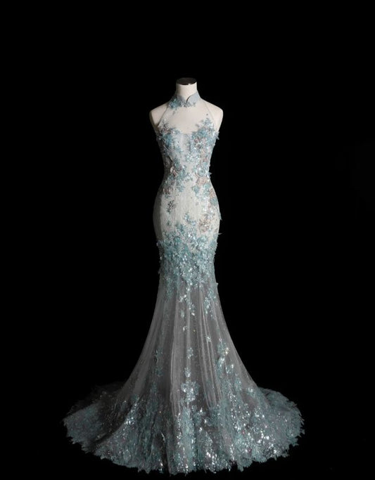 Style Classy Chinese Neck Mermaid Tulle Sequin Applique Long Prom Dress,Formal Dress C5850