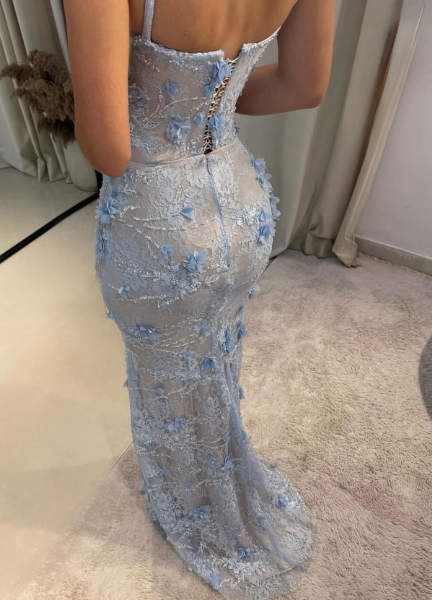 Gorgeous Mermaid Spaghetti Straps Satin Applique Long Prom Dress,Formal Dress C5856