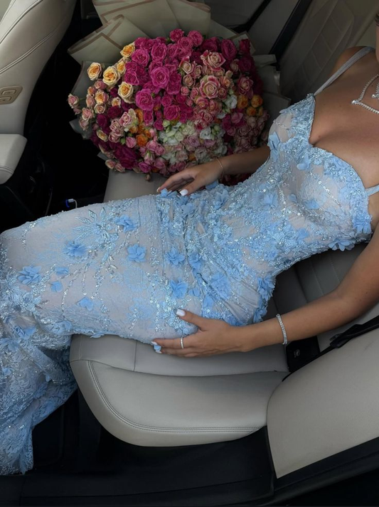 Gorgeous Mermaid Spaghetti Straps Satin Applique Long Prom Dress,Formal Dress C5856