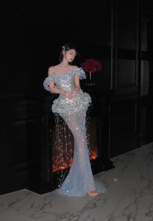 Romantic Mermaid Off The Shoulder Tulle Sequin Tassel Long Prom Dress,Formal Dress C5857