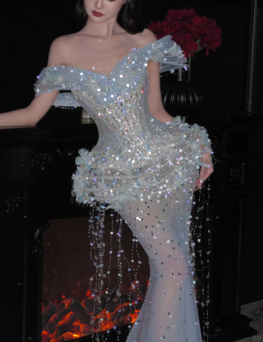 Romantic Mermaid Off The Shoulder Tulle Sequin Tassel Long Prom Dress,Formal Dress C5857