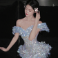 Romantic Mermaid Off The Shoulder Tulle Sequin Tassel Long Prom Dress,Formal Dress C5857