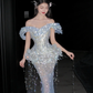 Romantic Mermaid Off The Shoulder Tulle Sequin Tassel Long Prom Dress,Formal Dress C5857