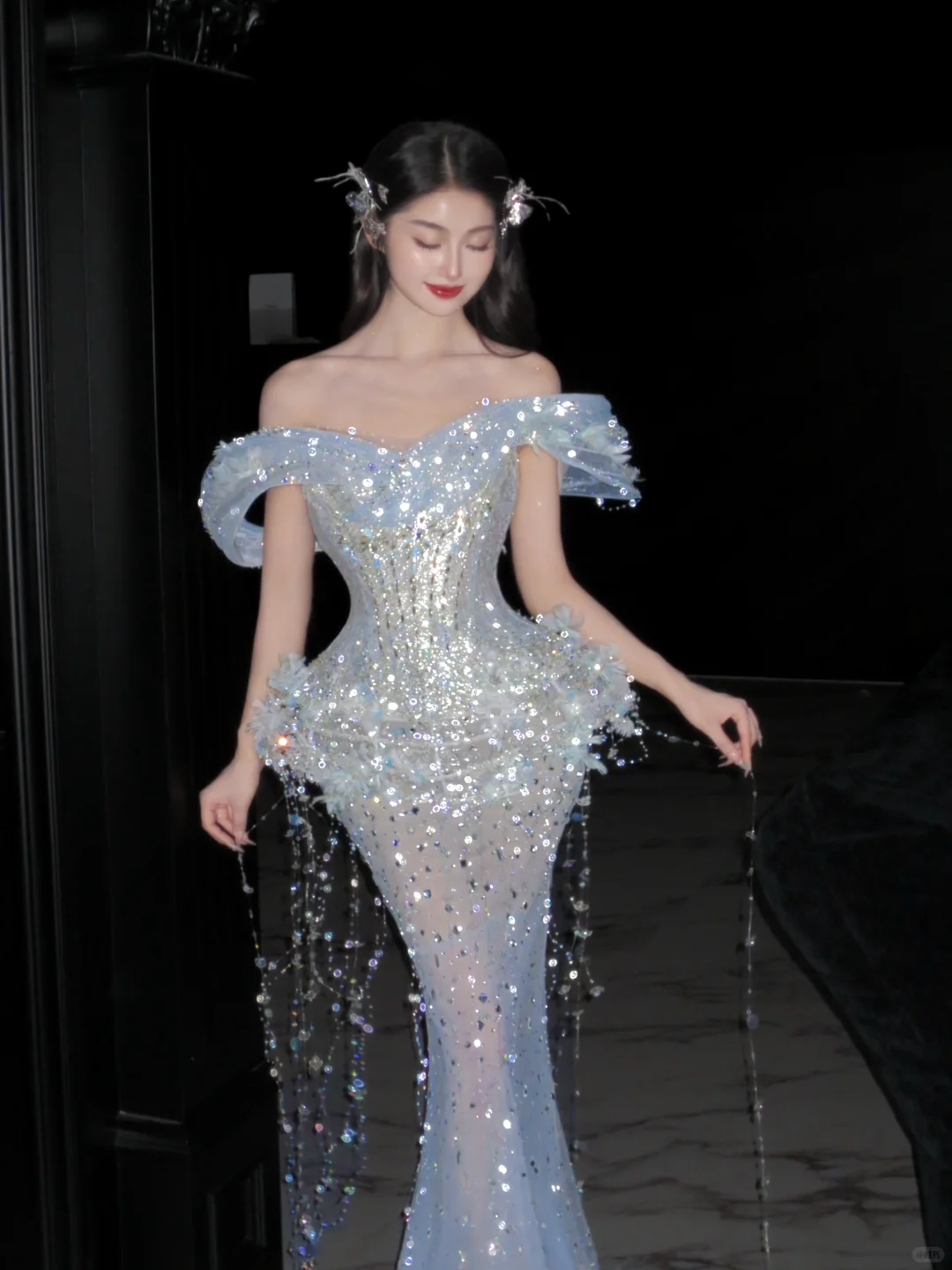 Romantic Mermaid Off The Shoulder Tulle Sequin Tassel Long Prom Dress,Formal Dress C5857