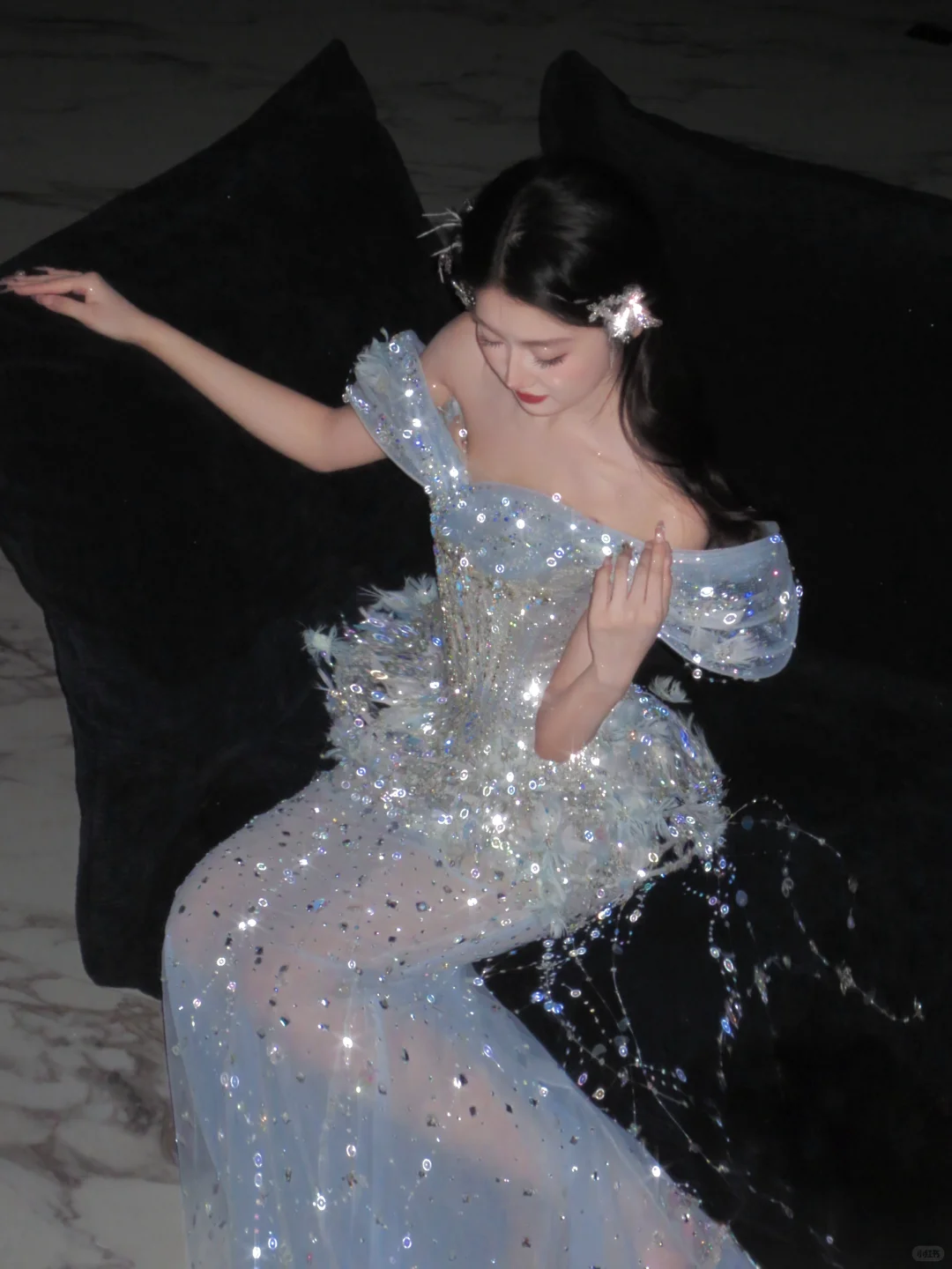 Romantic Mermaid Off The Shoulder Tulle Sequin Tassel Long Prom Dress,Formal Dress C5857