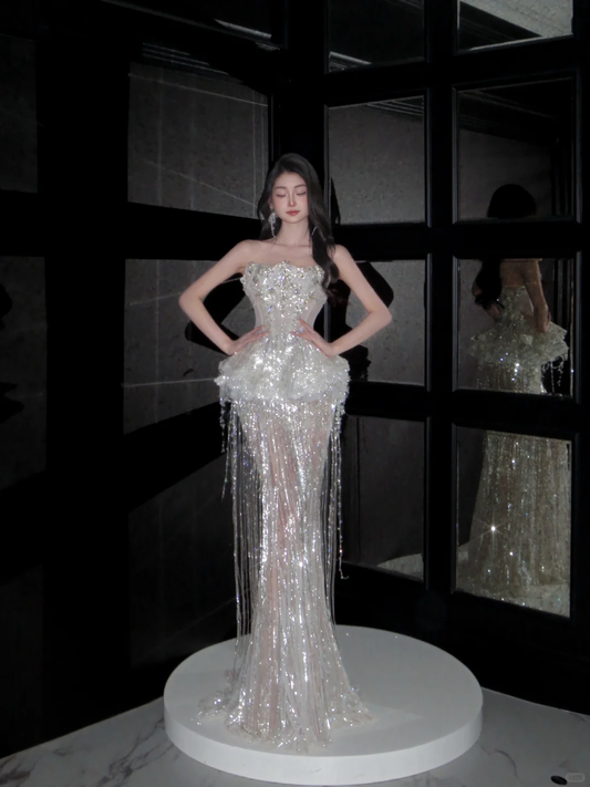 Luxurious Mermaid Strapless Tulle Sequin Tassel Long Prom Dress,Formal Dress C5858