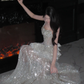 Luxurious Mermaid Strapless Tulle Sequin Tassel Long Prom Dress,Formal Dress C5858