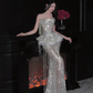 Luxurious Mermaid Strapless Tulle Sequin Tassel Long Prom Dress,Formal Dress C5858