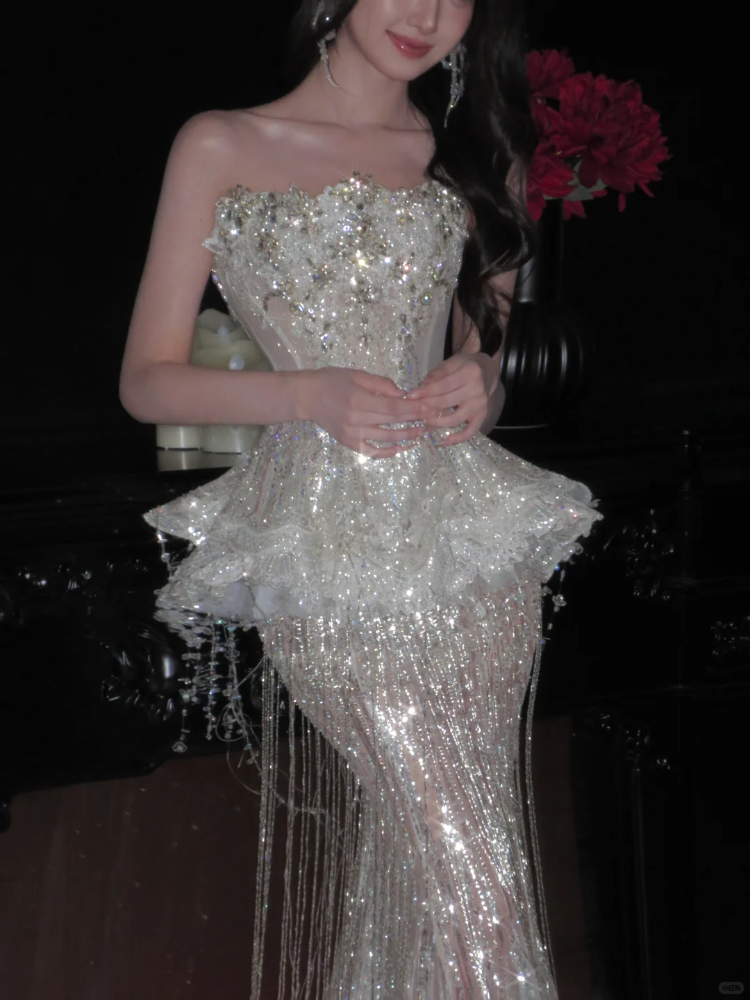 Luxurious Mermaid Strapless Tulle Sequin Tassel Long Prom Dress,Formal Dress C5858