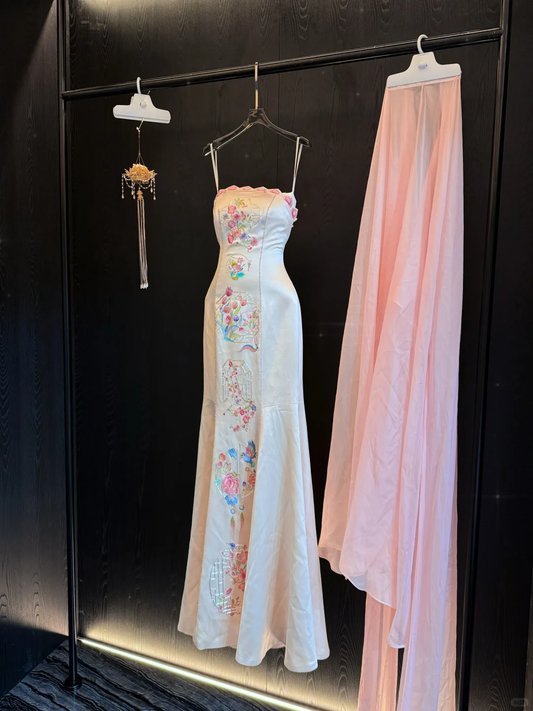 Modest Mermaid Spaghetti Straps Satin Embroidery Long Prom Dress,Formal Dress C5859