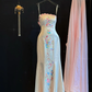 Modest Mermaid Spaghetti Straps Satin Embroidery Long Prom Dress,Formal Dress C5859
