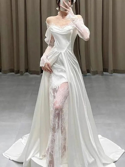 Simple Mermaid Sweetheart Satin Ruffles Long White Slit Wedding Dresses C586