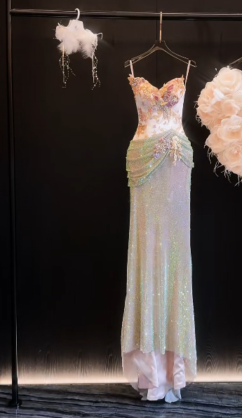 Luxurious Mermaid Spaghetti Straps Satin Sequin Beads Long Prom Dress,Formal Dress C5860