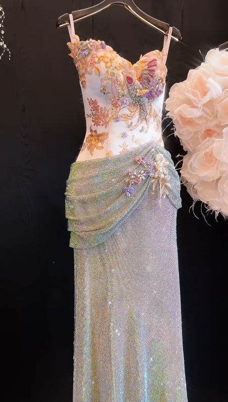 Luxurious Mermaid Spaghetti Straps Satin Sequin Beads Long Prom Dress,Formal Dress C5860