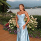 Pale Blue A Line Straples Satin Applique Long Prom Dress,Formal Dress C5861