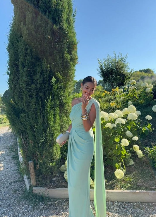 Elegant Mermaid One Shoulder Sage Satin Pleated Long Prom Dress,Formal Dress C5862