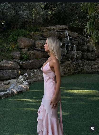 Charming Mermaid Pink Spaghetti Straps Satin Long Prom Dress,Formal Dress C5863