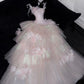 Sweet Ball Gown Spaghetti Straps Pink Tulle Applique Long Prom Dress,Formal Dress C5864