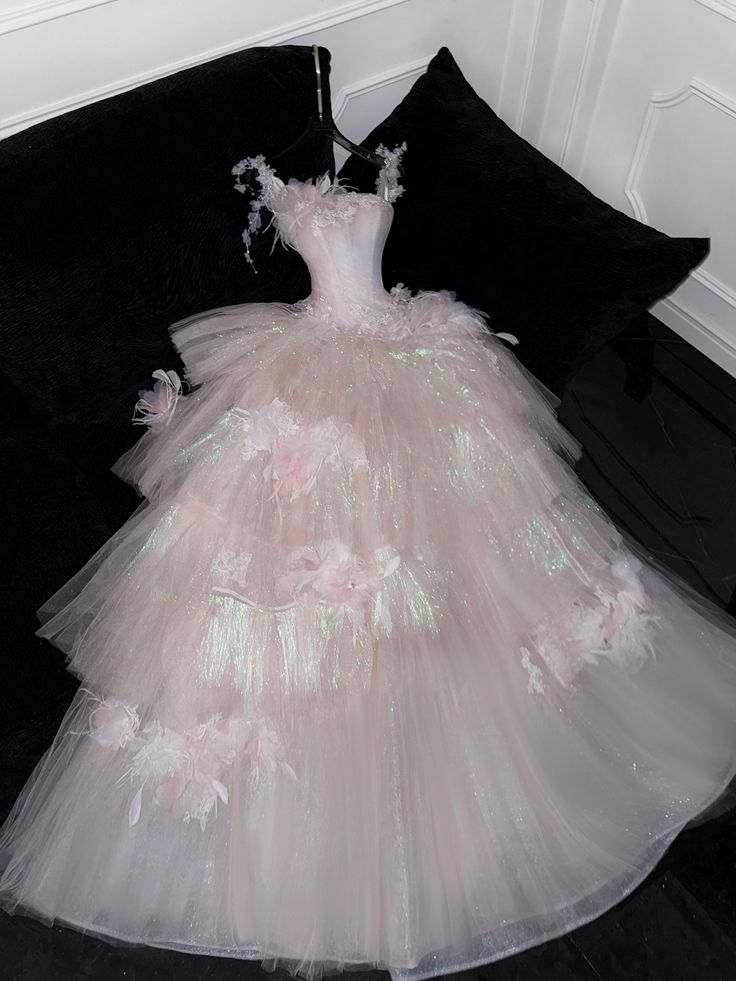 Sweet Ball Gown Spaghetti Straps Pink Tulle Applique Long Prom Dress,Formal Dress C5864